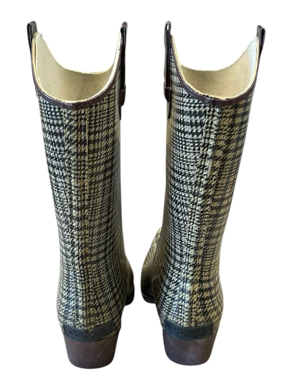 Corkys Womens Brown Houndstooth Rubber Western Rain Boots Academia Preppy Sz 9